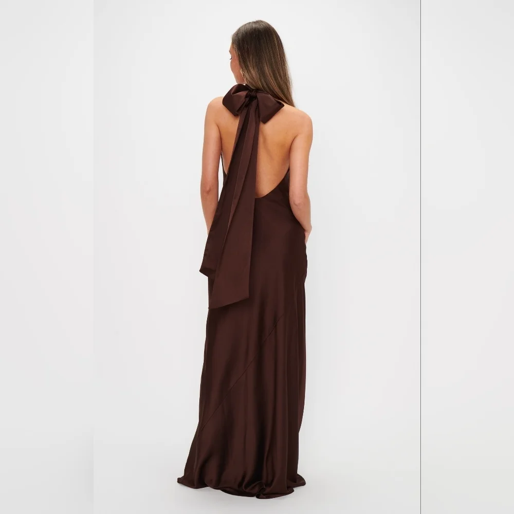 Show Me Your MUMU Lisa Maxi Dress XS Chocolate Luxe Satin Wedding Party Prom - Picture 6 of 11